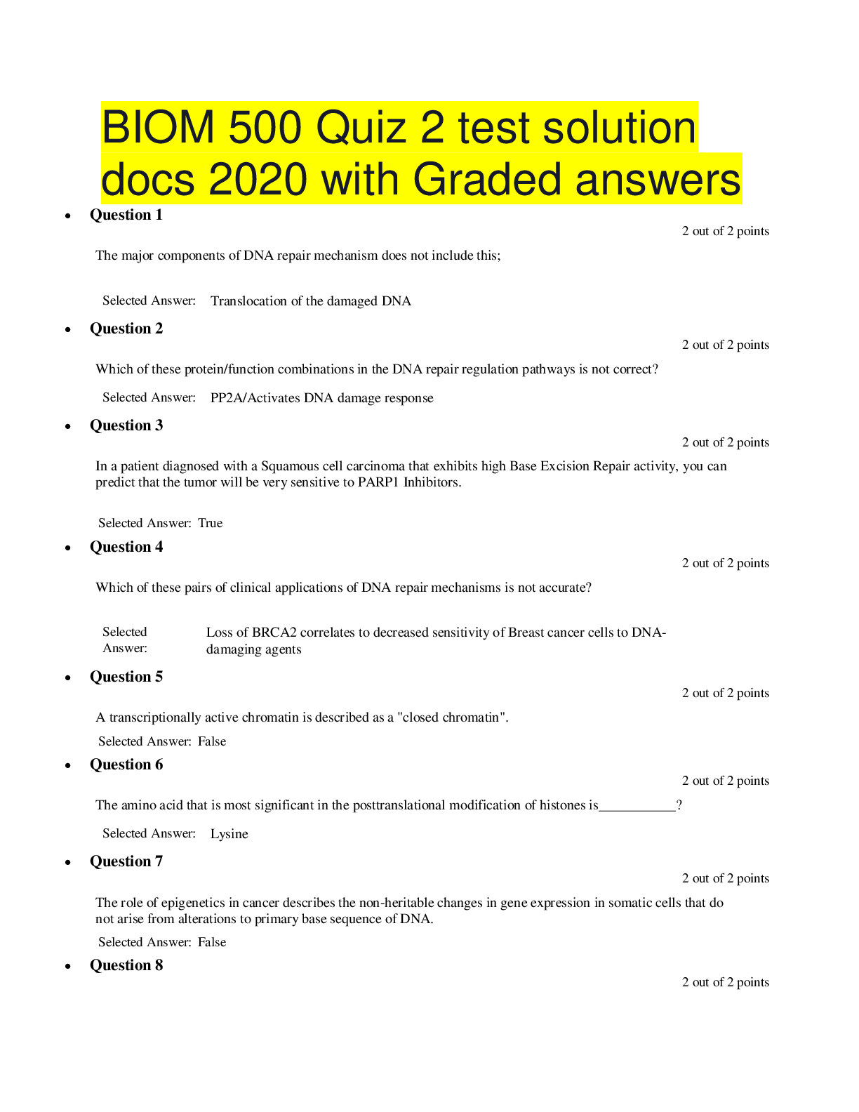 Preview image of BIOM 500 Quiz 2 test solution docs 2020 with Graded answers document